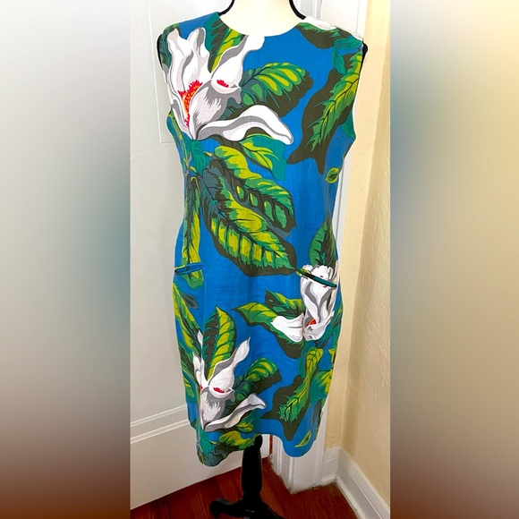 unknown Dresses & Skirts - Linen/Silk Dress Ocean Blue Tropical with Pockets and Zipper‎ in Back Size M